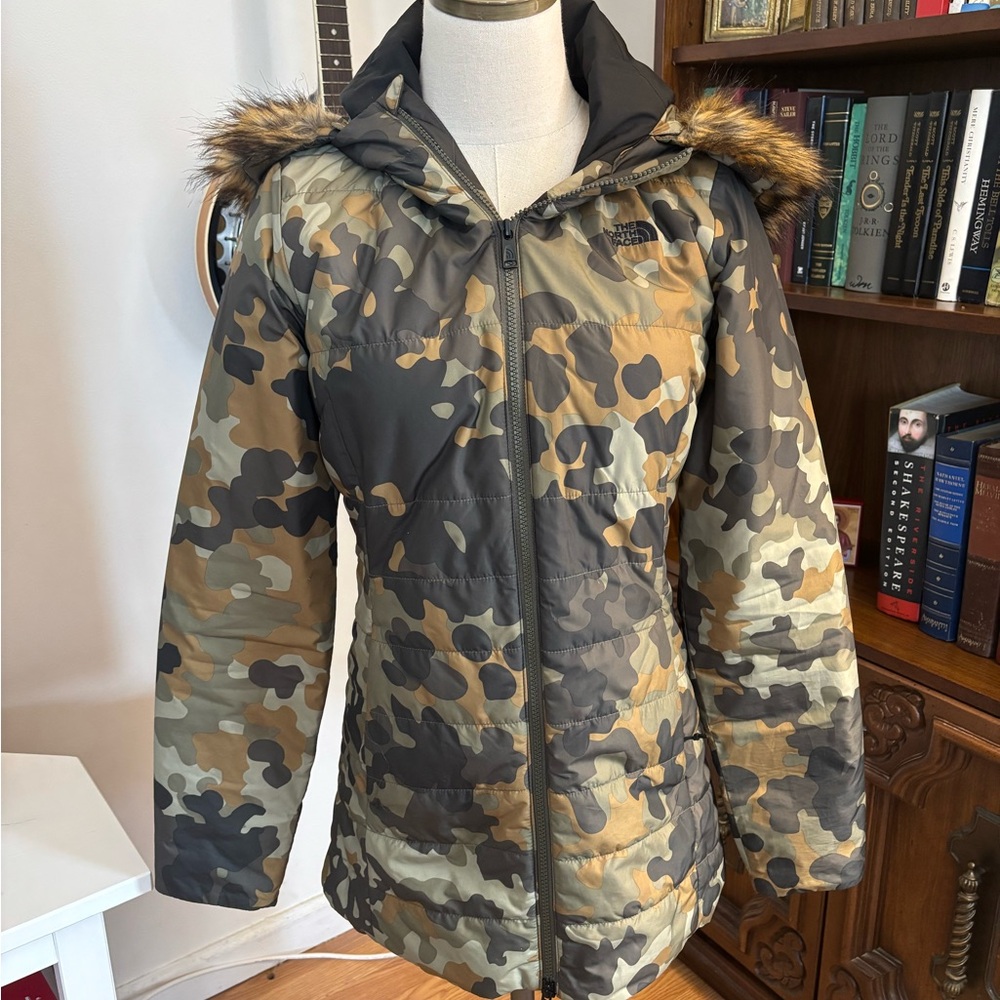 NORTH FACE Harway Jacket With Faux Fur Tin Burnt Olive Green Waxed Camo SZ Sm - Picture 2 of 8